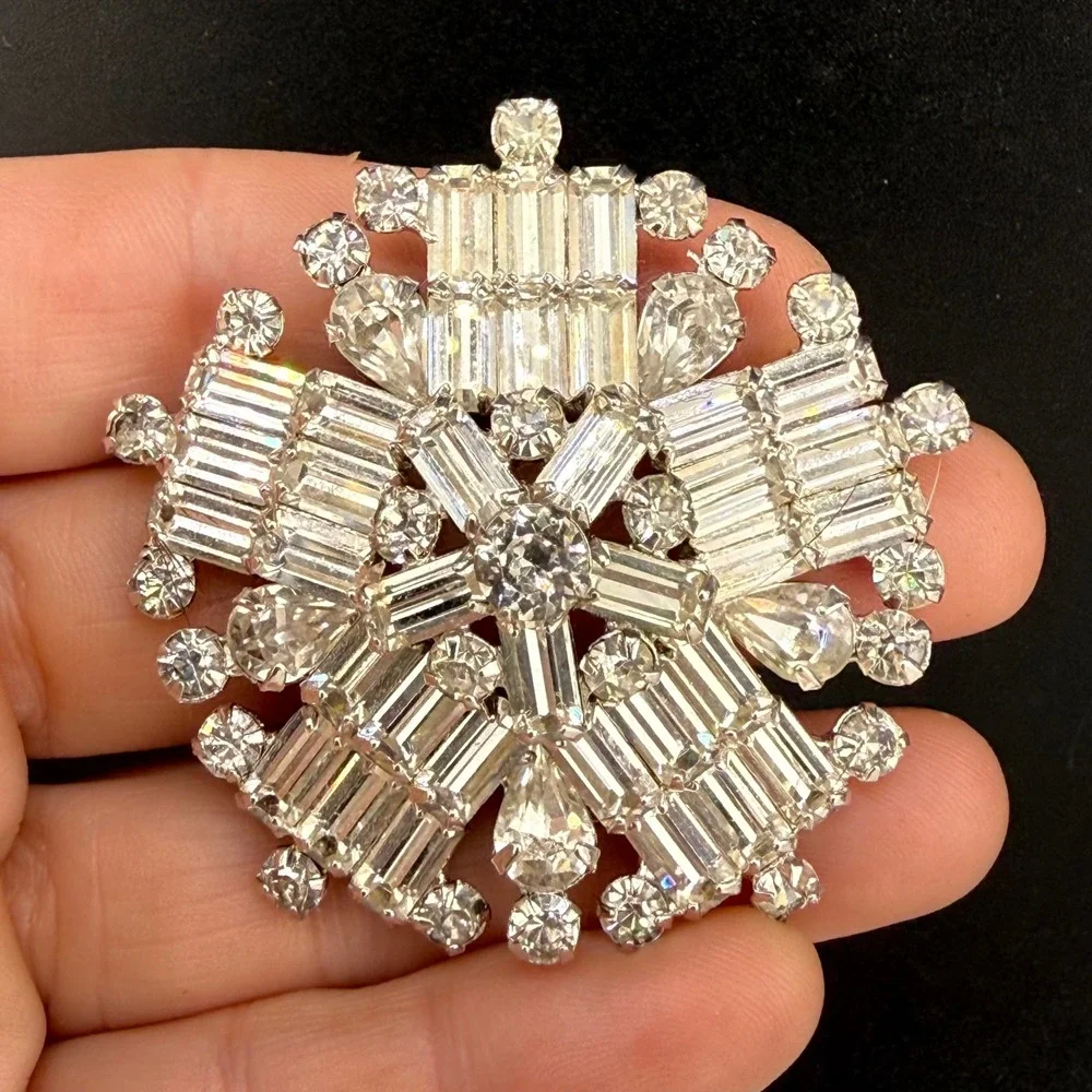 Vintage Kramer NY Brooch Snowflake Clear Rhinestone Baguette Pear Statement